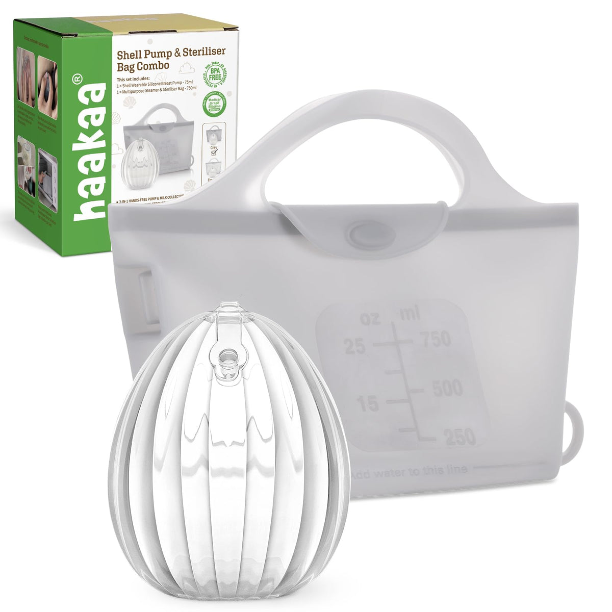 haakaa - Extractor de leche de silicona portátil con bolsa esterilizadora, 2 en 1 manos libres pasivo receptor de leche materna para madres lactantes, esenciales para lactancia materna, bombas de