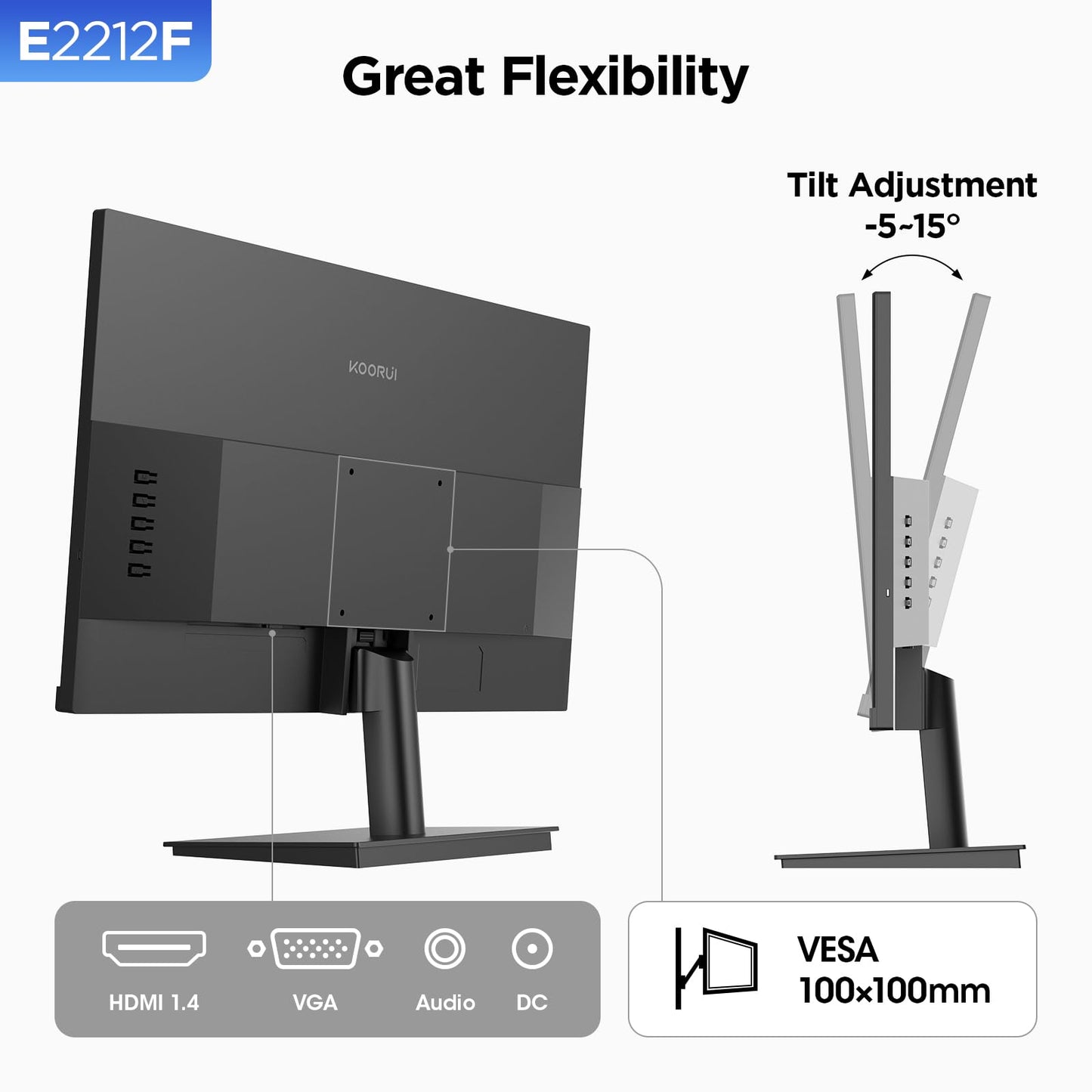 KOORUI 22 Inch Computer Monitor, FHD 1080P Desktop Display, 75HZ Ultra Thin Bezel/Eye Care/Ergonomic Tilt, HDMI VGA Ports LED Monitor for PC, VESA Mounting