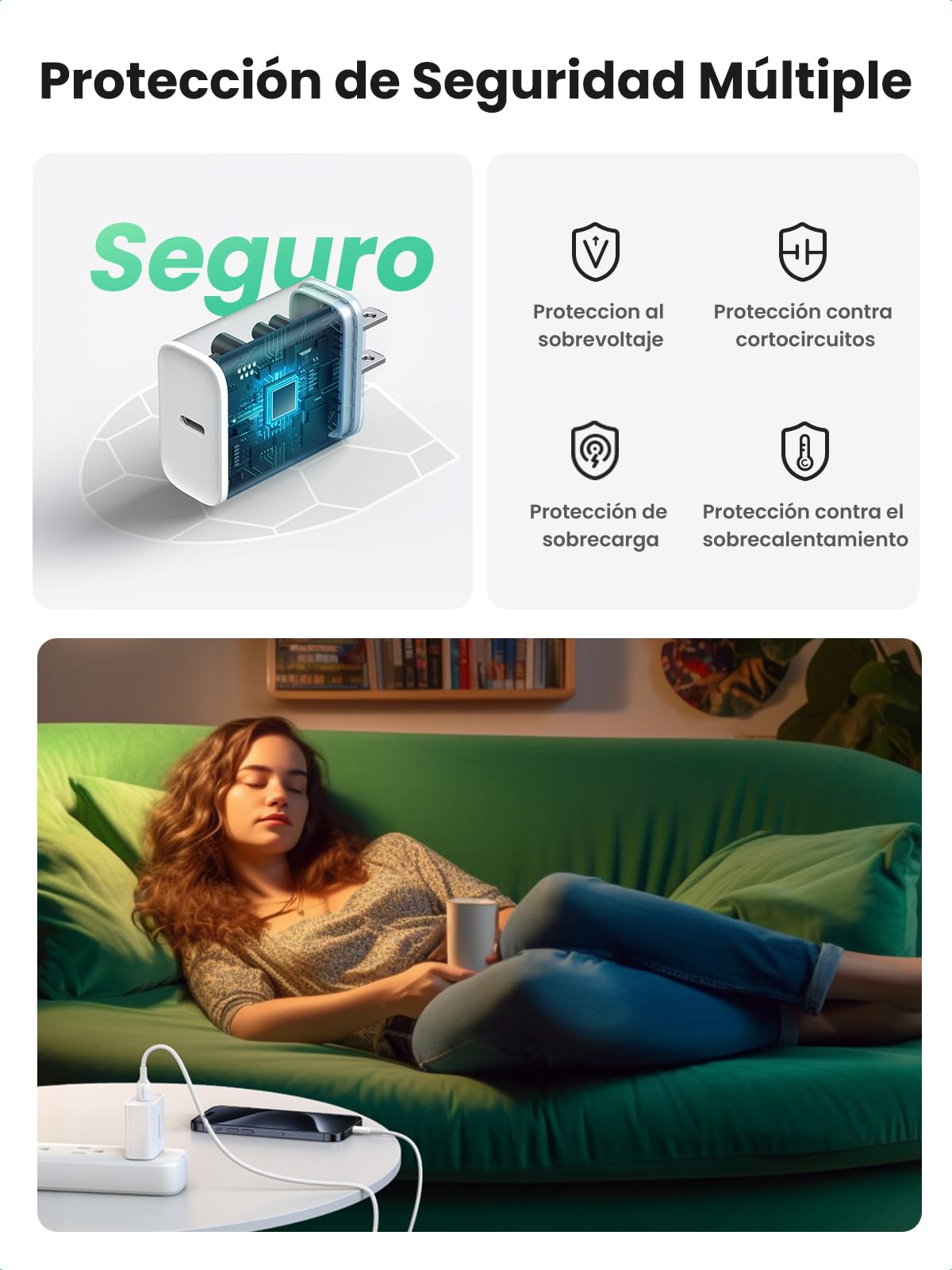 Cargador USB Tipo C UGREEN Blanco Rápido con Cable para iPhone y Galaxy