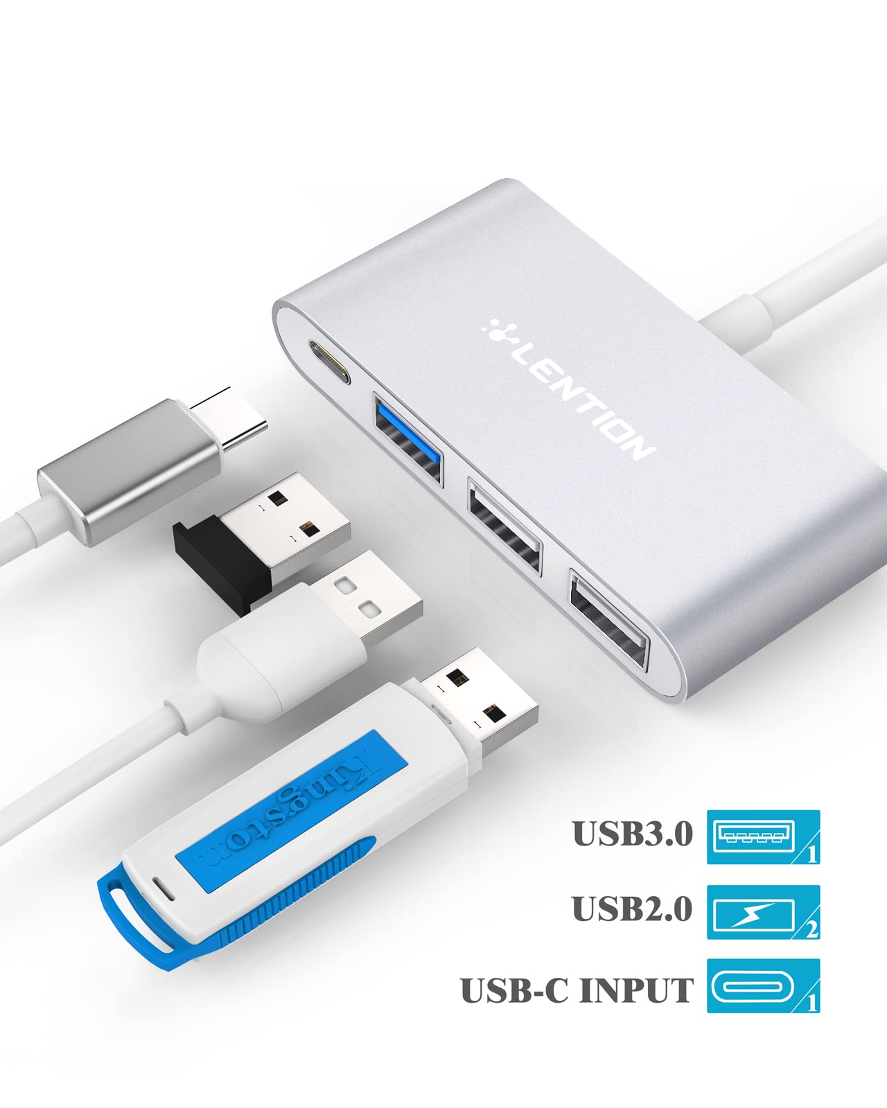 LENTION Hub USB-C 4 en 1 con Tipo C, USB 3.0, USB 2.0 Compatible 2023-2016 MacBook Pro 13/14/15/16, Nuevo Mac Air/Surface, Chromebook, Más, Adaptador multipuerto de Carga y conexión (CB- C13, Plata)