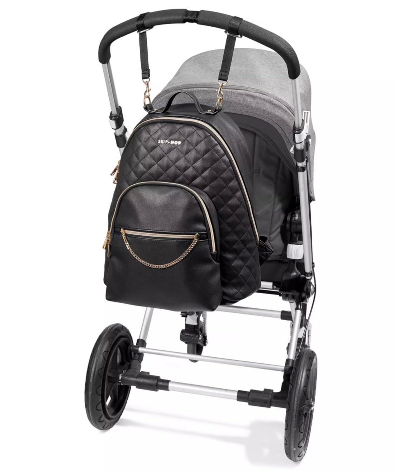 Skip Hop Bolso de pañales: cuero vegano efecto acolchado de lujo Linx con cambiador y accesorio para cochecito, negro