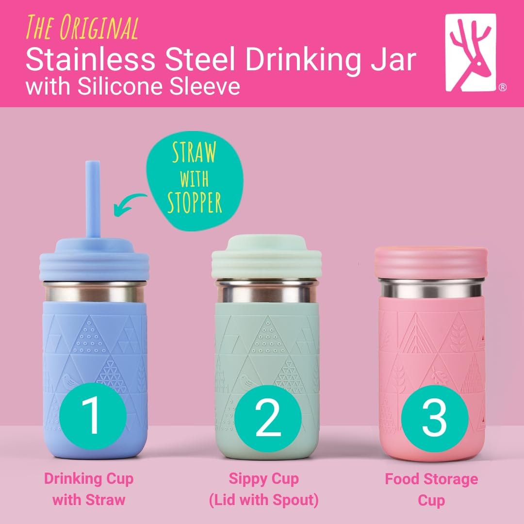Elk and Friends Tazas de Acero Inoxidable de 14oz para Niños + Bebés | El Tarro de Albañil Original con Mangas + Tapas | Popotes de Silicona | Licuados | Frasco de Almacenamiento | Resistente a