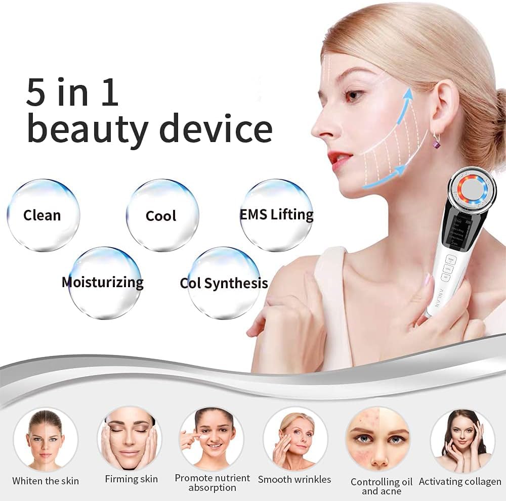 Mini Máquina HIFU, Masajeador Facial para Antiarrugas y Reafirmante, 5 EN1 Pro Maquina Estetica Antienvejecimiento, Dispositivo Ultrasónico EMS por Radiofrecuencia, Anti Envejecimiento, Cuidado Facial con Frío Calor Roja y Azul (Blanco)