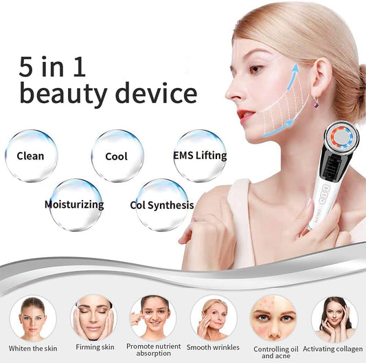 Máquina HIFU Mini Masajeador Facial Blanca 5 en 1 Antiarrugas y Reafirmante EMS Ultrasónico para Cuidado Facial