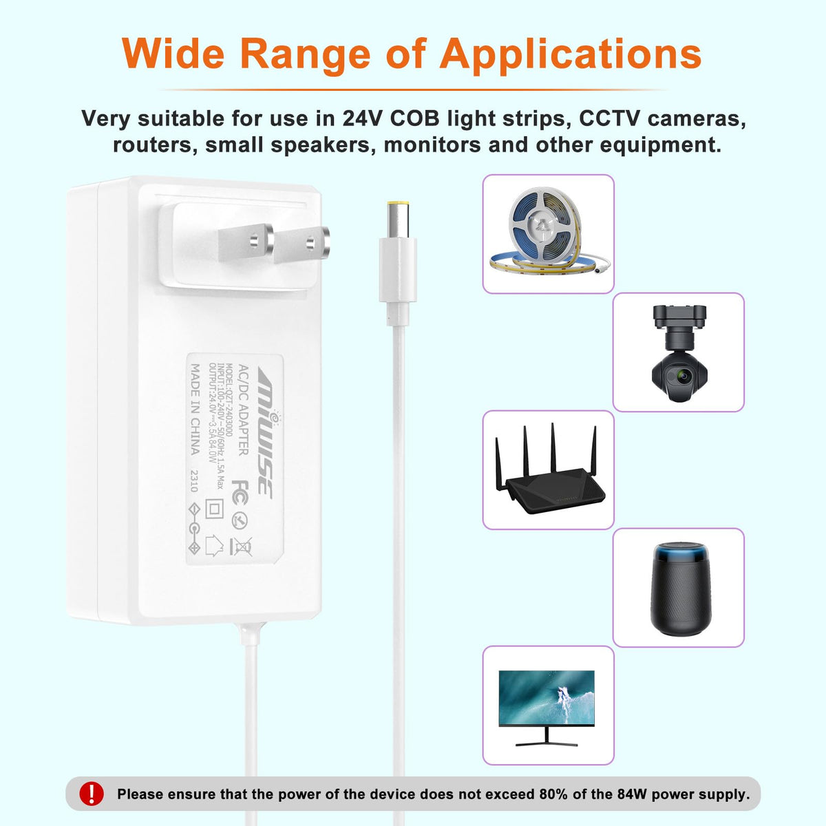Adaptador de Fuente de Alimentación MIWISE Blanco Enchufe de EE. UU. para COB LED Strip y Cámara CCTV