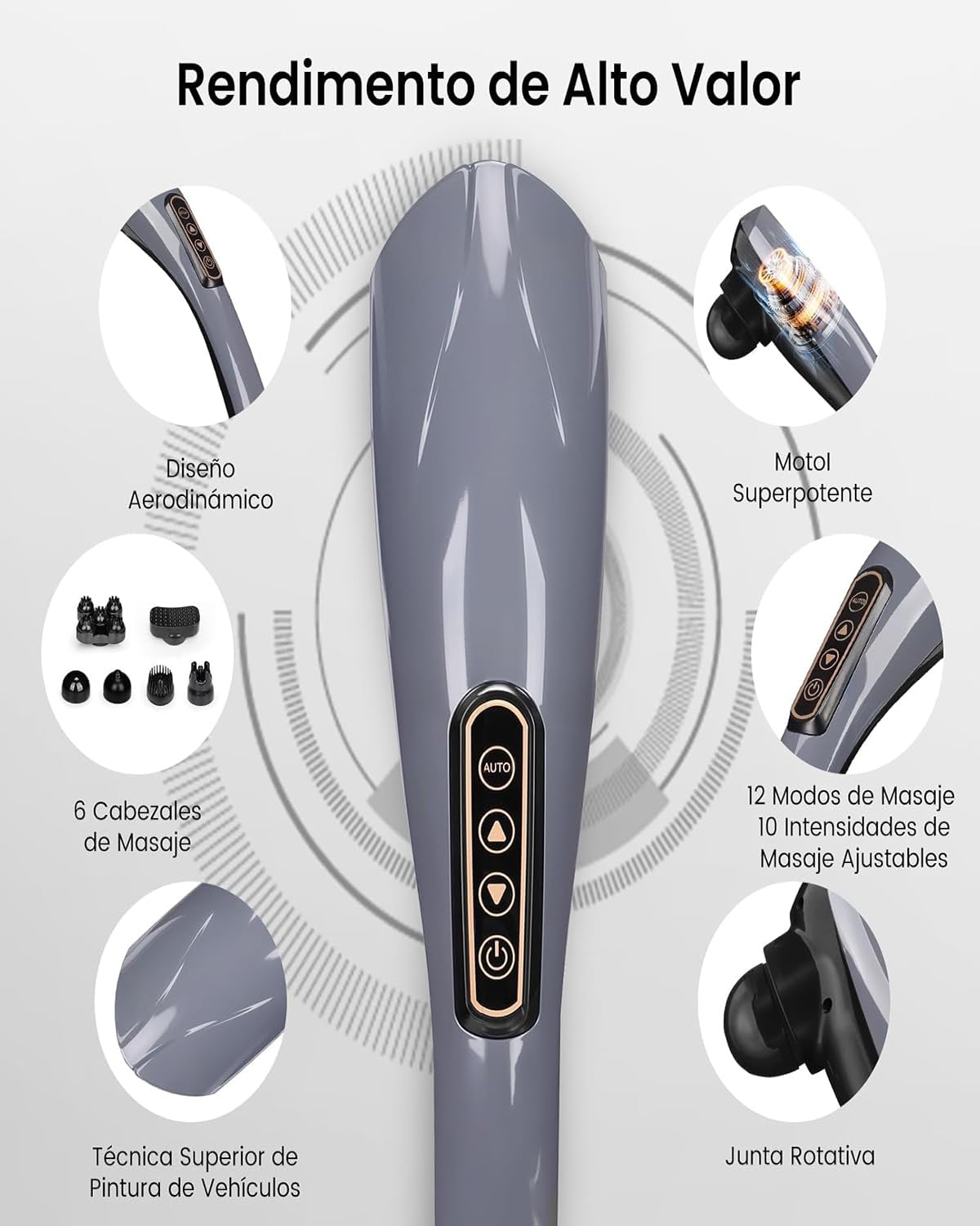 Masajeador de Espalda, Masajeador de Percusión de Tejido Profundo con 6 Cabezales De Masaje 10 Intensidad &12 Modos, Multifuncional Masajeador Muscular, para Cuello, Pierna, Pie, Hombro,Abdomen, Brazo, Función De Calefacción(Gris)