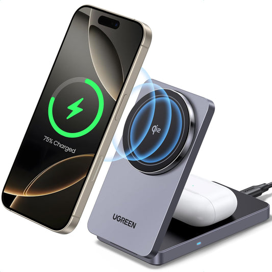 Cargador Inalámbrico UGREEN MagFlow Negro Certificado 15W Qi2 con Soporte Plegable y Carga Rápida para iPhone y AirPods