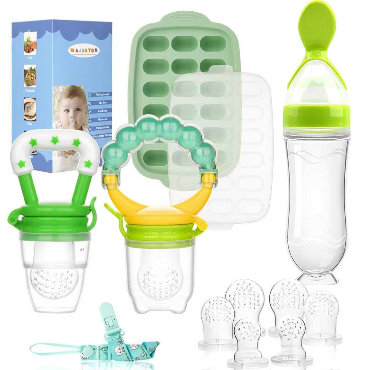 WAJIAYON - Alimentador de frutas para bebés y moldes para paletas de leche materna, bandeja de almacenamiento para congeladores de alimentos para bebés, alimentador para chupetes y mordedores