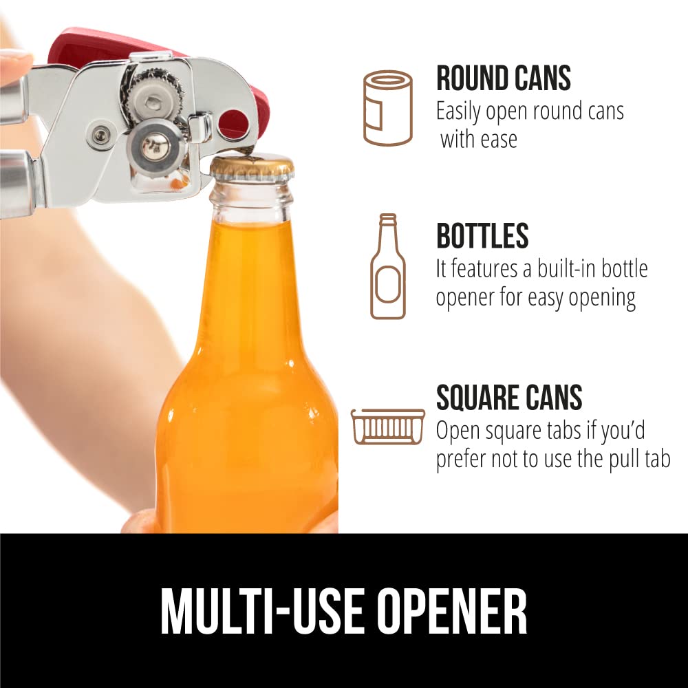 Gorilla Grip Abrelatas manual de mano de acero inoxidable resistente con borde liso con mango suave al tacto, a prueba de óxido, perilla de mano fácil giro, el mejor abridor de tapa grande para cocina, red