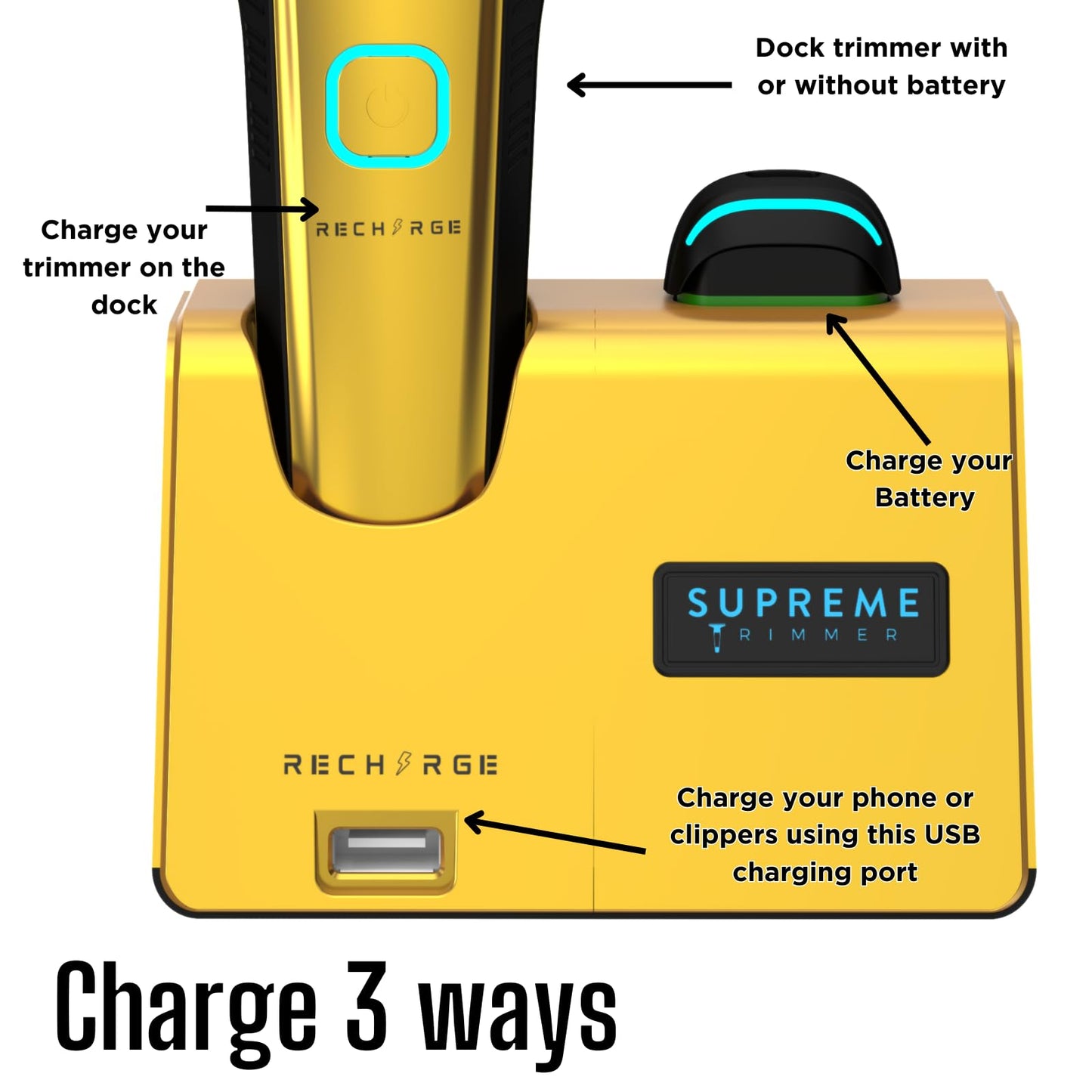 Supreme Trimmer Recarga Zero Gappable Trimmer para Barberos | 7500+ RPM, batería extraíble, soporte de carga USB inteligente + carga iPhone/Android | Gold ST777