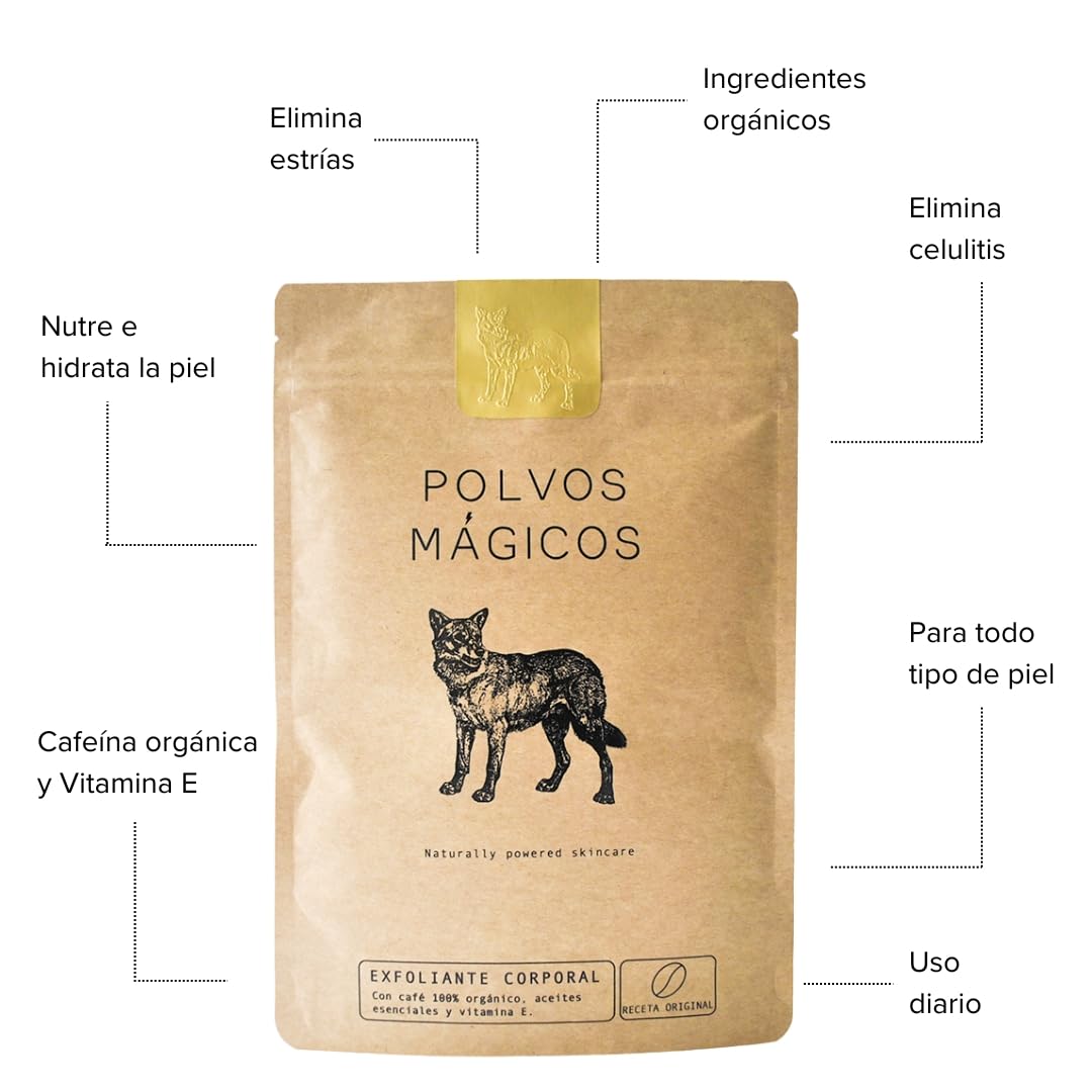 Exfoliante Corporal Polvos Mágicos Café Orgánico y Aceite de Olivo Anticelulitis y Estrías para una Piel Perfecta