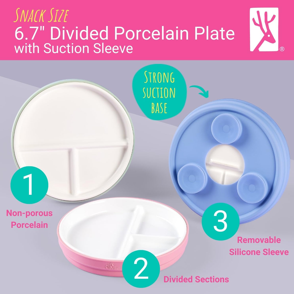 Elk and Friends Kids - Platos divididos de porcelana blanca de 6.7 pulgadas con mangas de succión de silicona, adecuados para bebés/niños pequeños, aptos para microondas y lavaplatos, vajilla para