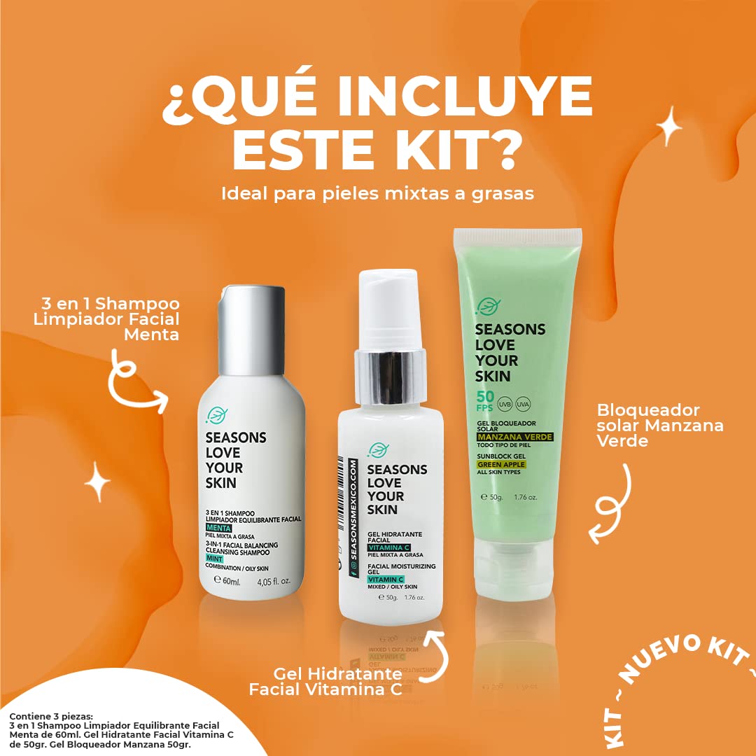Kit Rutina Facial Skincare 3 Pasos Tratamiento Básico | Limpiador Facial Menta + Hidratante Vitamina C + Bloqueador Solar FPS50 Manzana