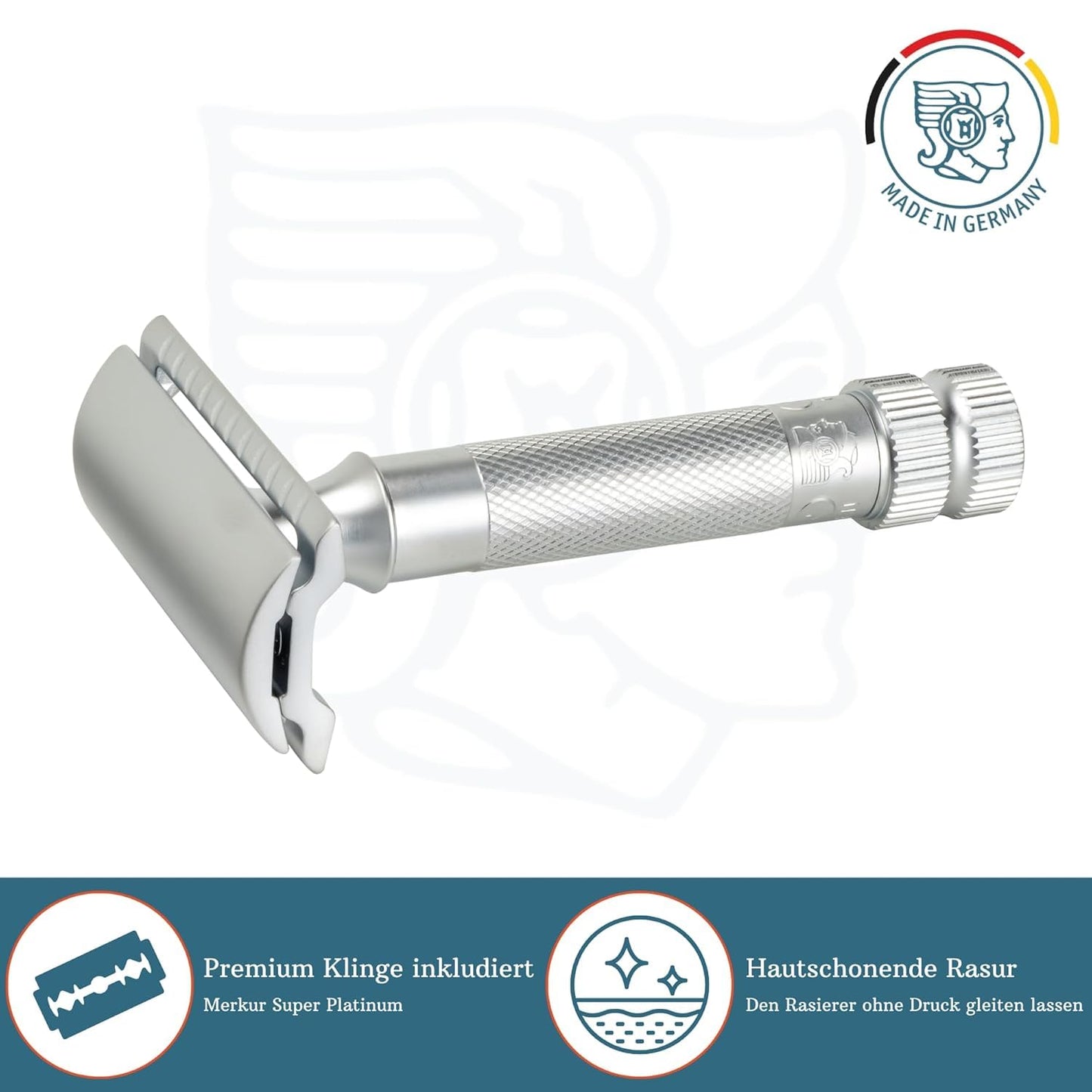 MERKUR Maquinilla de afeitar de seguridad de doble filo 34C - Cromo mate | Mango de latón moleteado de alta resistencia | Fabricada en Alemania | Sin plástico | Diseño de dos piezas | Peine cerrado |