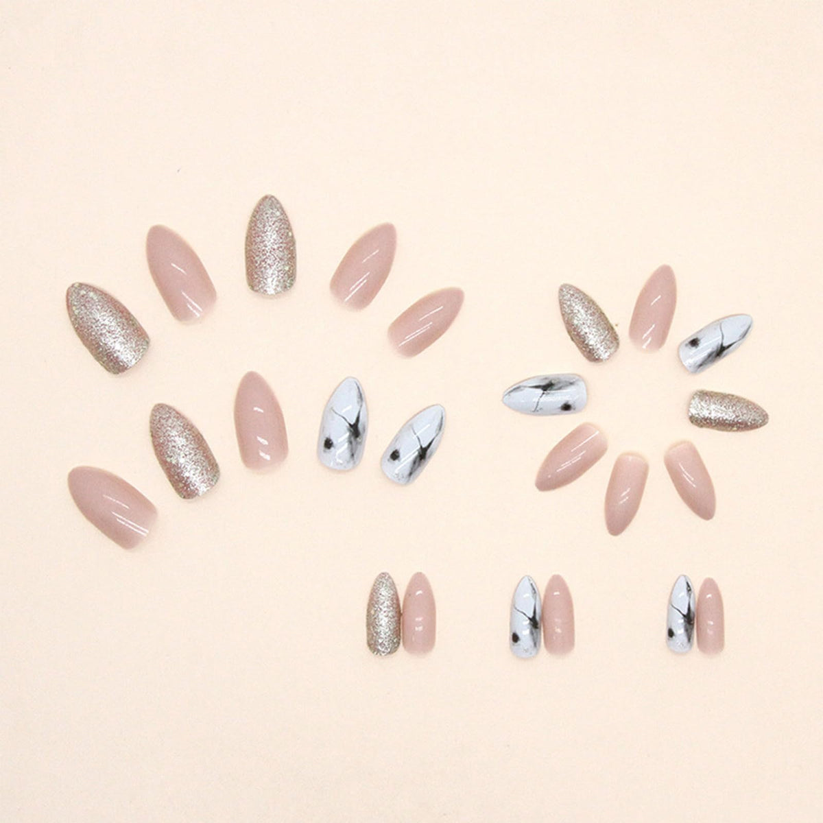 CLYHLTMZ Uñas postizas plateadas con estampado de leopardo blanco, uñas acrílicas postizas de color almendra mediano, uñas postizas adhesivas de cobertura completa, uñas artificiales rosas brillantes