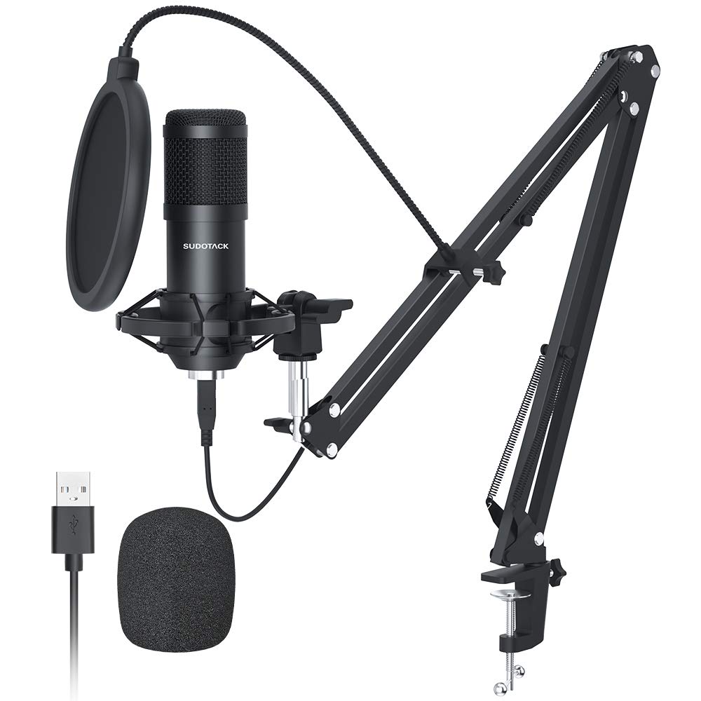 Micrófono USB Sudotack Negro Kit Condensador Cardioide con Tarjeta de Sonido y Brazo de Pluma para Podcast