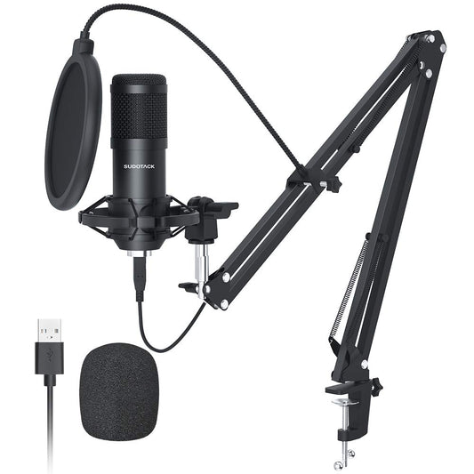 Micrófono USB Sudotack Negro Kit Condensador Cardioide con Tarjeta de Sonido y Brazo de Pluma para Podcast