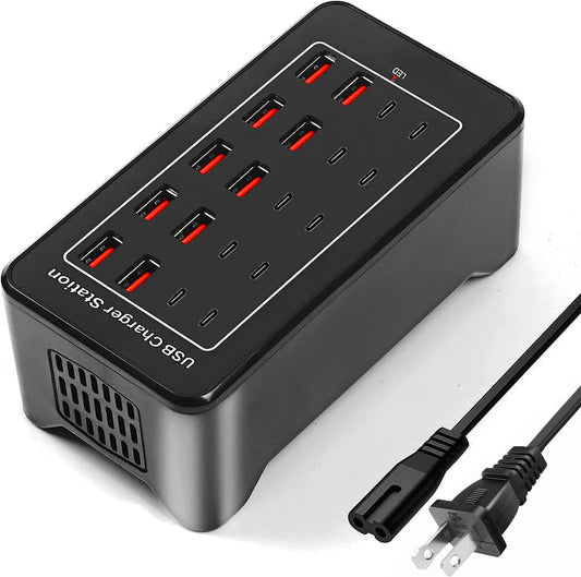 Bloque de cargador USB C de 100 W, estación de carga USB C, 20 puertos (20 A), hub de carga múltiple de computadora de 10 puertos, cargador USB compatible con Apple iPhone, iPad, Samsung, Pixel,