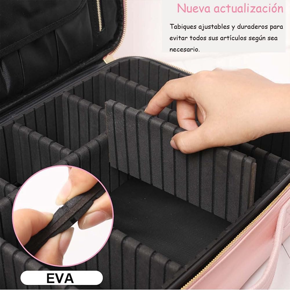 Bolsa de Maquillajede Viaje Estuche Organizador - Bolsa de Cosméticos Impermeable Portátil con Divisor Ajustable para Pinceles y Herramientas de Belleza (2 Layer, 25x23x10cm,Rosa)