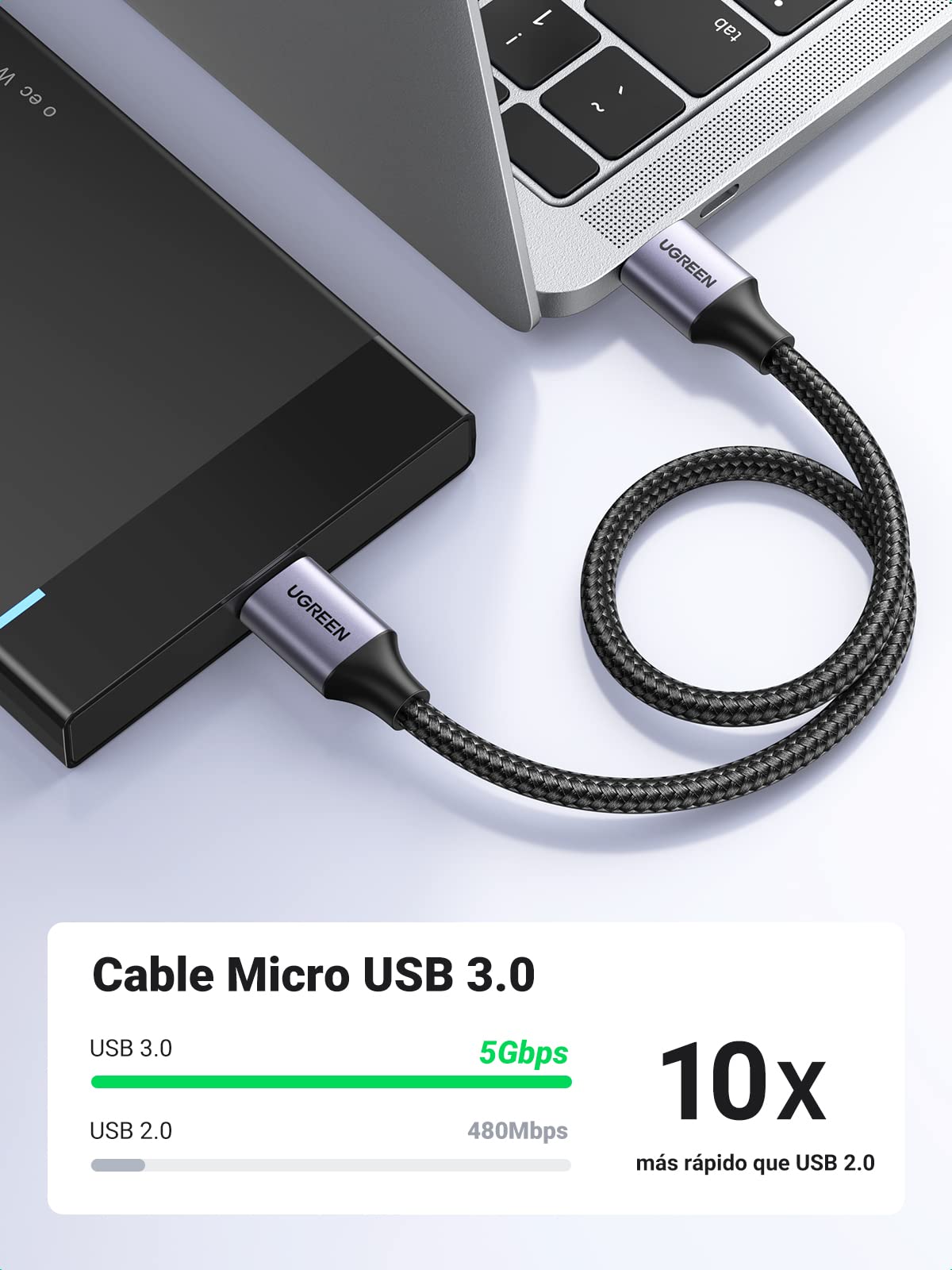 UGREEN Cable Micro B USB 3.0 Cable USB 3.0 Tipo A a Micro B Transferencia 5 Gbps para Disco Duro Externo WD Passport Toshiba Canvio Seagate Maxtor de Carga para Galaxy Note 3, S5, 0.5 Metros