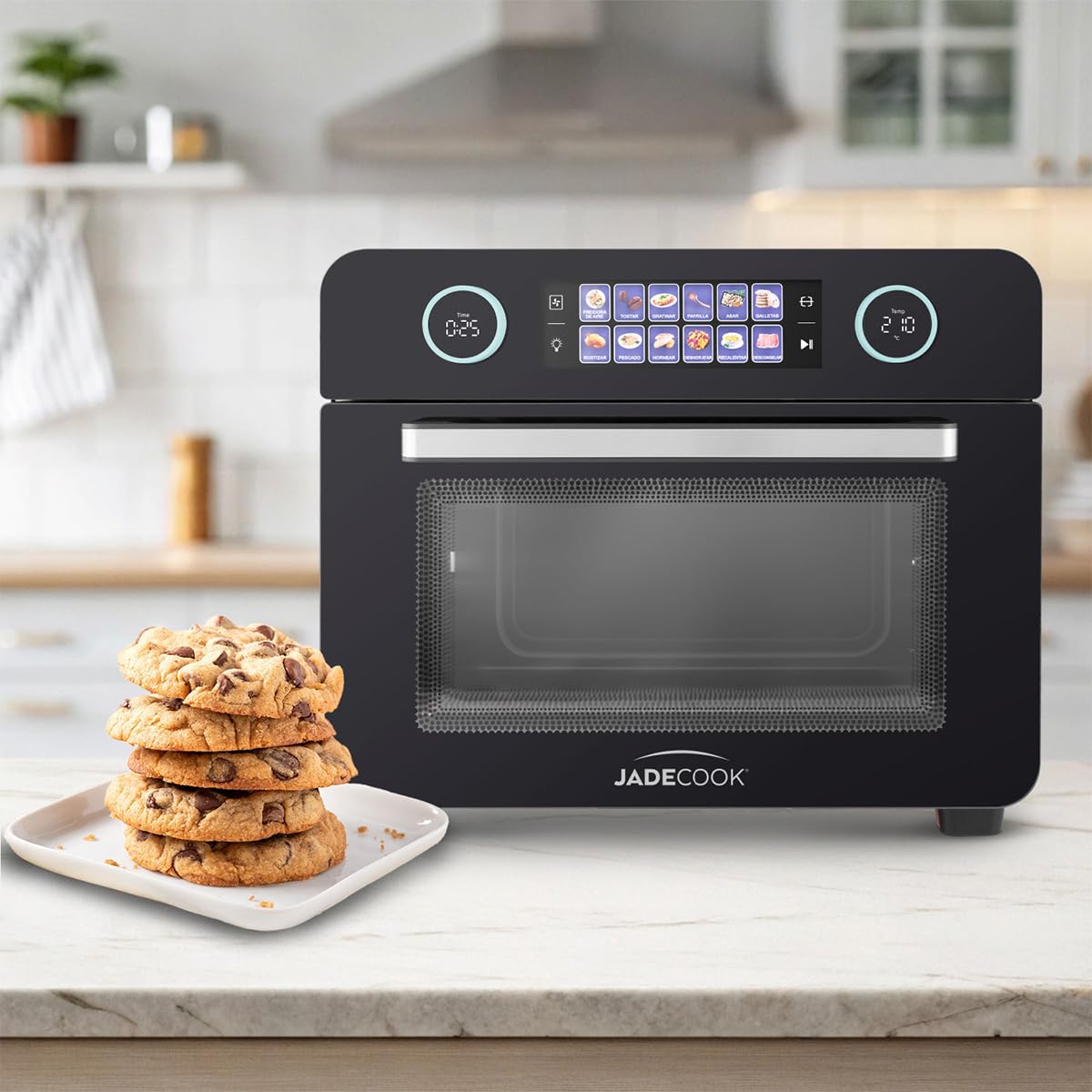 Horno Digital con Freidora de Aire 25L Jade Cook, 6 accesorios y 12 Modos Inteligentes, Parrilla, Hornear, Tostar, Rostizar, Gratinar, Deshidratar, Recalentar, Descongelar, Asar, Galletas, Pescado