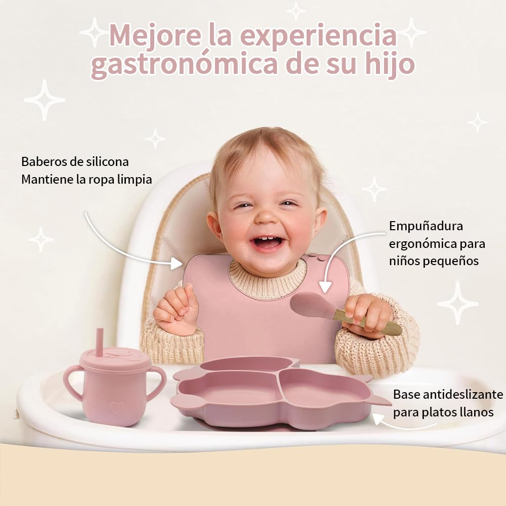 FINYQBET Platos Para Bebés De Silicona Con Tazón Cuchara Tenedor Babe,Set de 8 Piezas para Bebés,Plato para Bebe con Ventosas, Ajustable,Rosa
