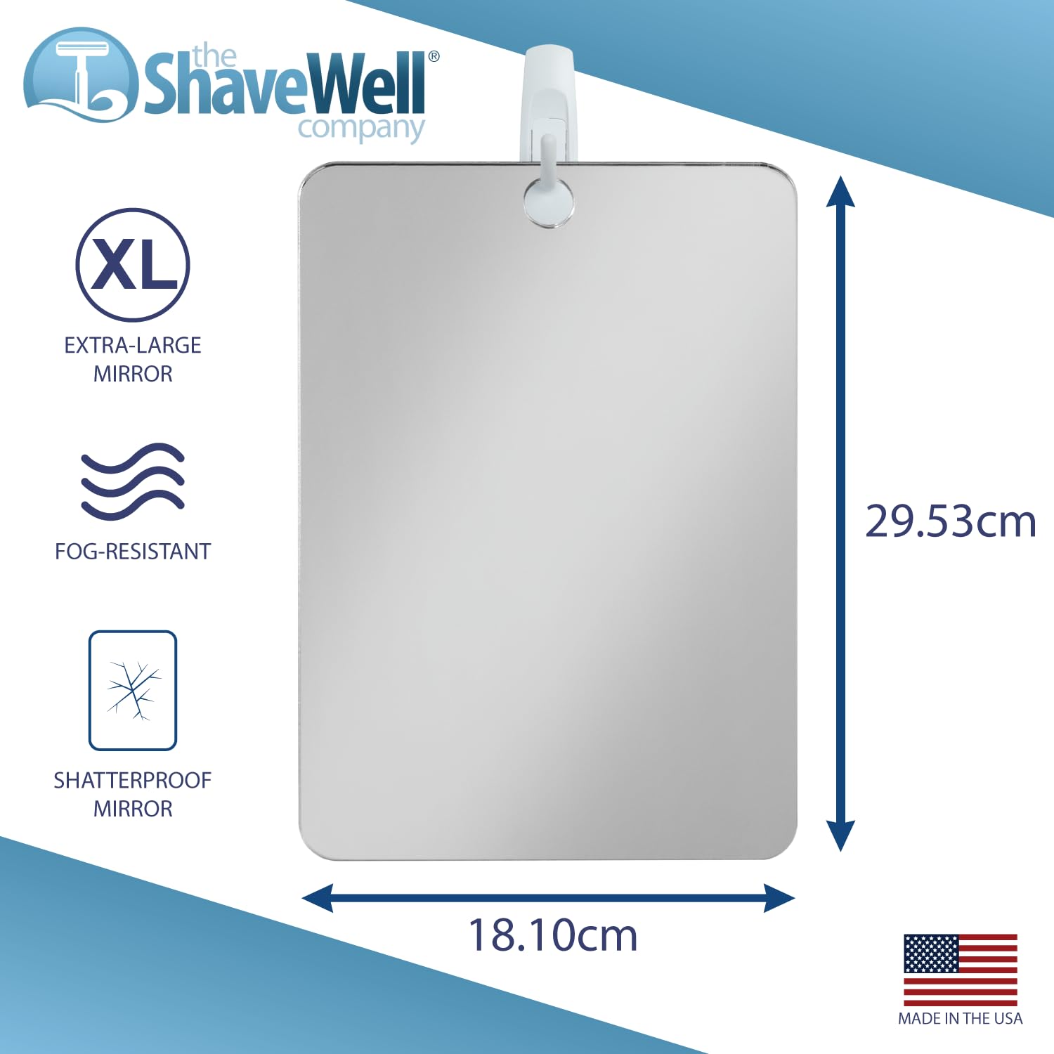 The Shave Well Company - Espejo de Afeitar antivaho XL, Espejo de Ducha de baño sin Niebla con opción de Mano para Hombres y Mujeres, Espejo de Ducha Colgante sin Niebla Incluye Gancho calcomanía