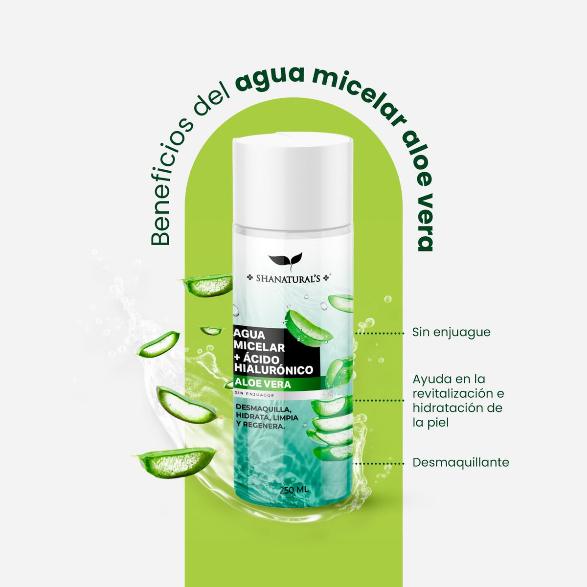 Agua Micelar con Ácido Hialurónico y Aloe Vera, 250 mL