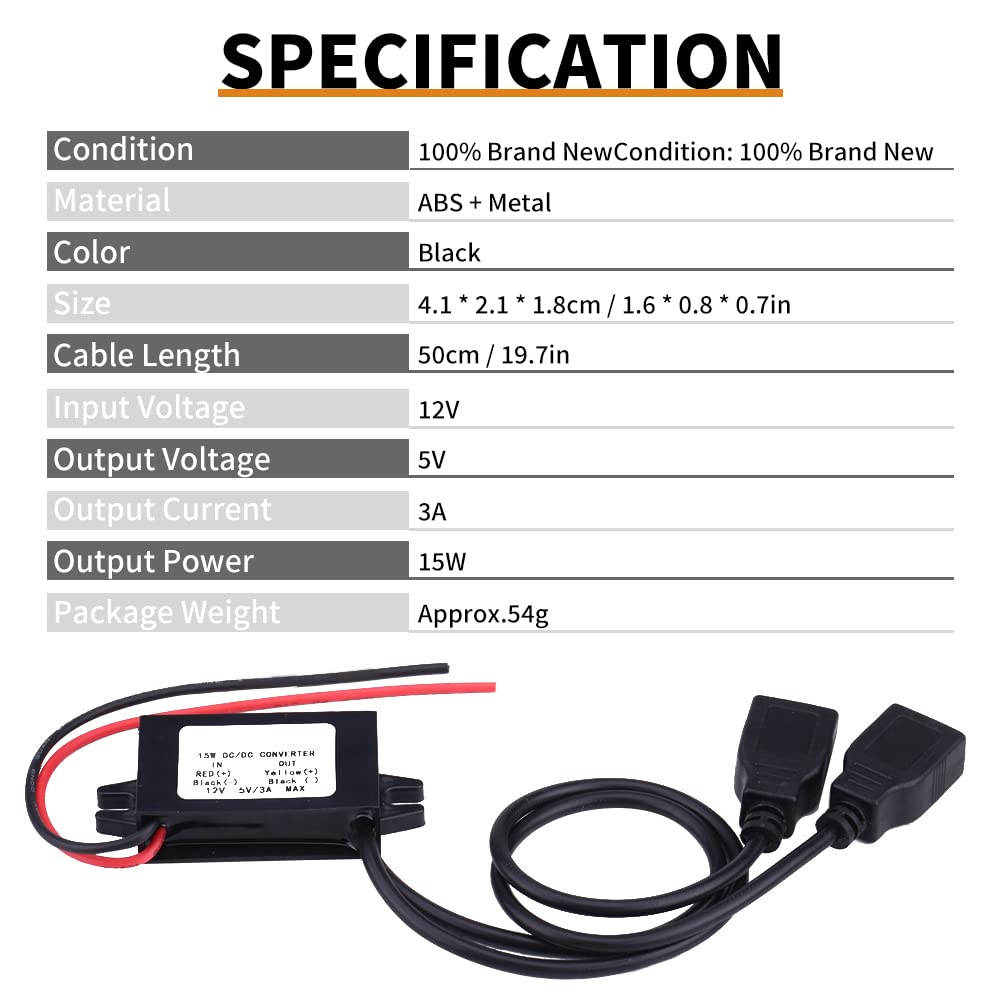 Keenso Waterproof DC Converter 3A DC 12V a DC 5V Adaptador de cargador USB dual Módulo convertidor Adaptador de corriente dual Convertidor DC a DC Módulo de fuente de