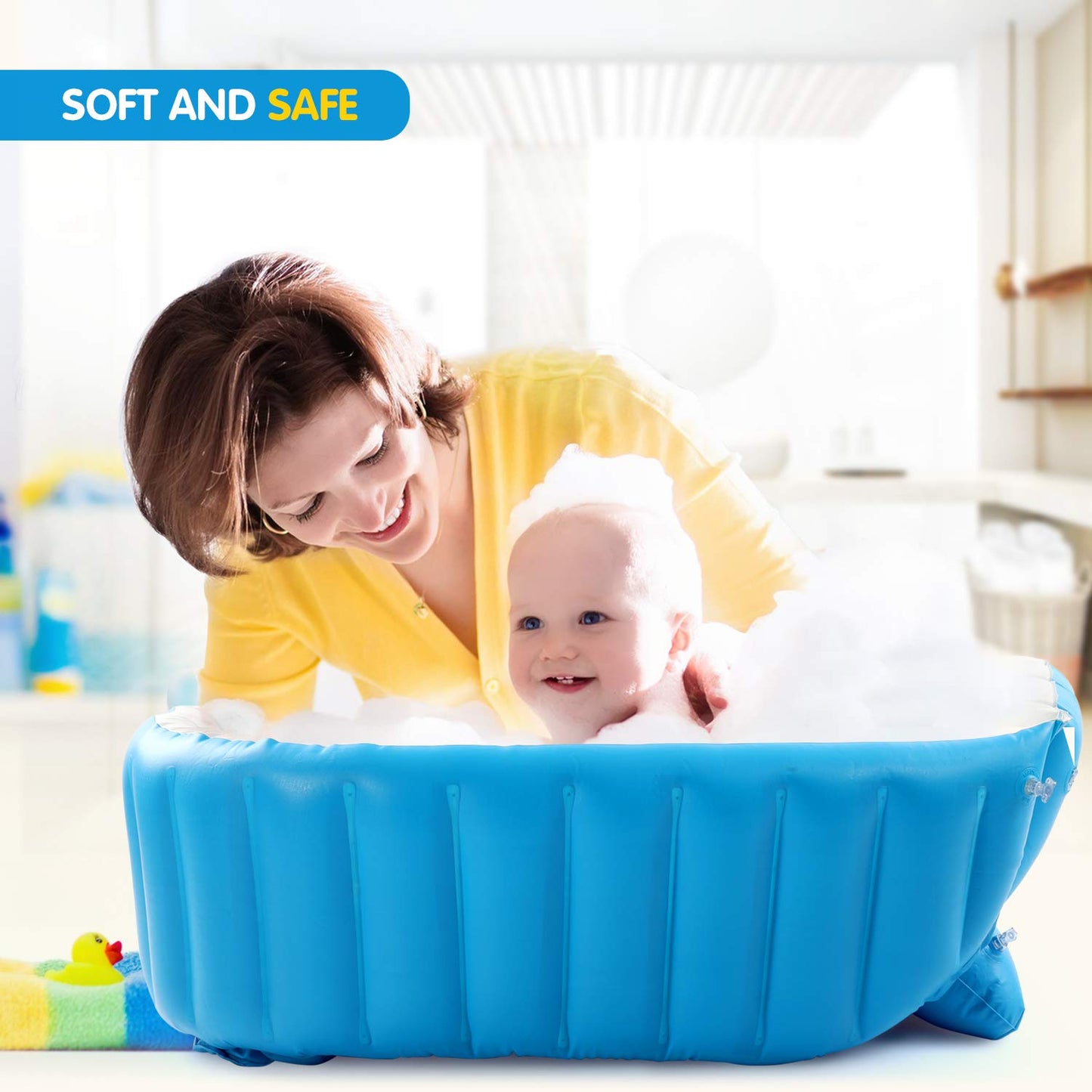 Bañera inflable para bebé, tina de viaje antideslizante portátil para niños pequeños, alberca gruesa plegable para baño con bomba de aire, azul