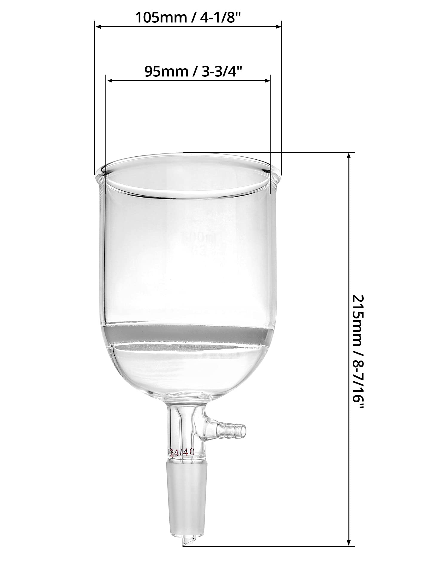 Embudo Buchner de Vidrio QWORK 500ml Medio Frit (G2) con Unión 24/40 y Tubulación de Vacío, 94mm I.D, 100mm Profundidad