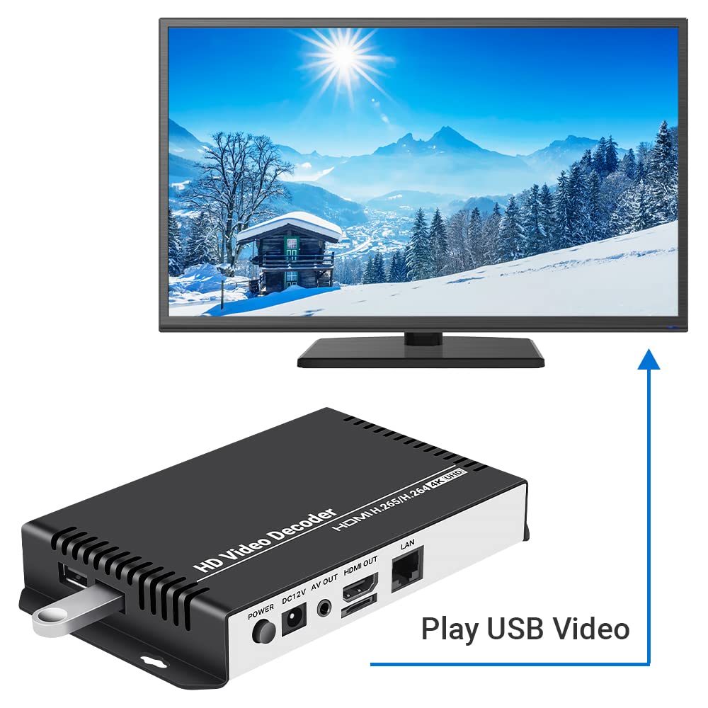 Decodificador de audio y video HD URayCoder H.265 H.264, decodificador de cámara IP HTTP RTSP M3U8 RTMP UDP Unitcast a HDMI AV RCA para visualización de publicidad, decodificación de video o cámara IP