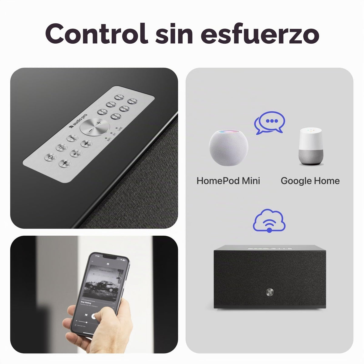 Altavoz Inalámbrico Audio Pro Negro Multiroom Sonido Potente Bluetooth Wi-Fi Compatible con AirPlay 2, Spotify, Tidal, App WiiM
