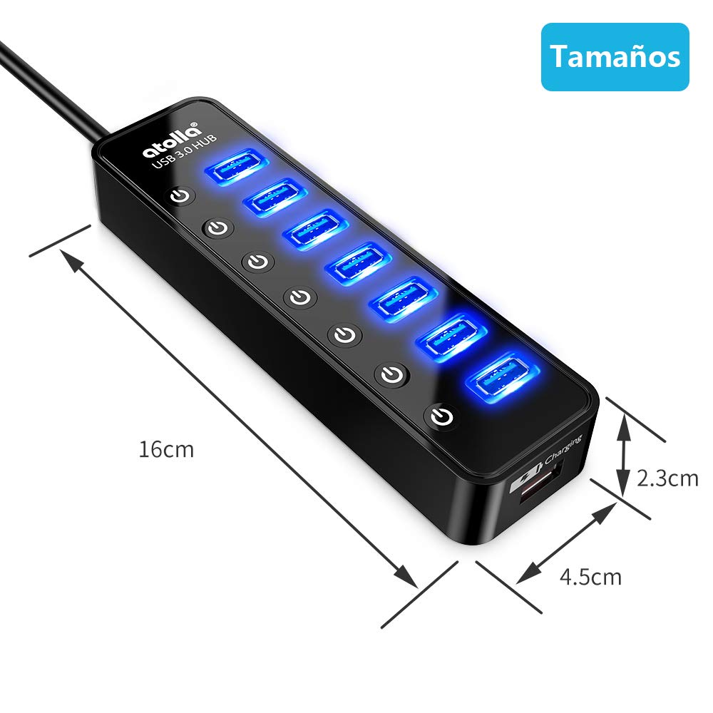 atolla Hub USB 3.0, 7 Puertos Multi USB 3.0 Hub con Interruptor Independiente + 1 Puerto de Carga USB y 5V / 4A Adaptador de Corriente Extension USB para MacBook, Mac Pro/Mini y más