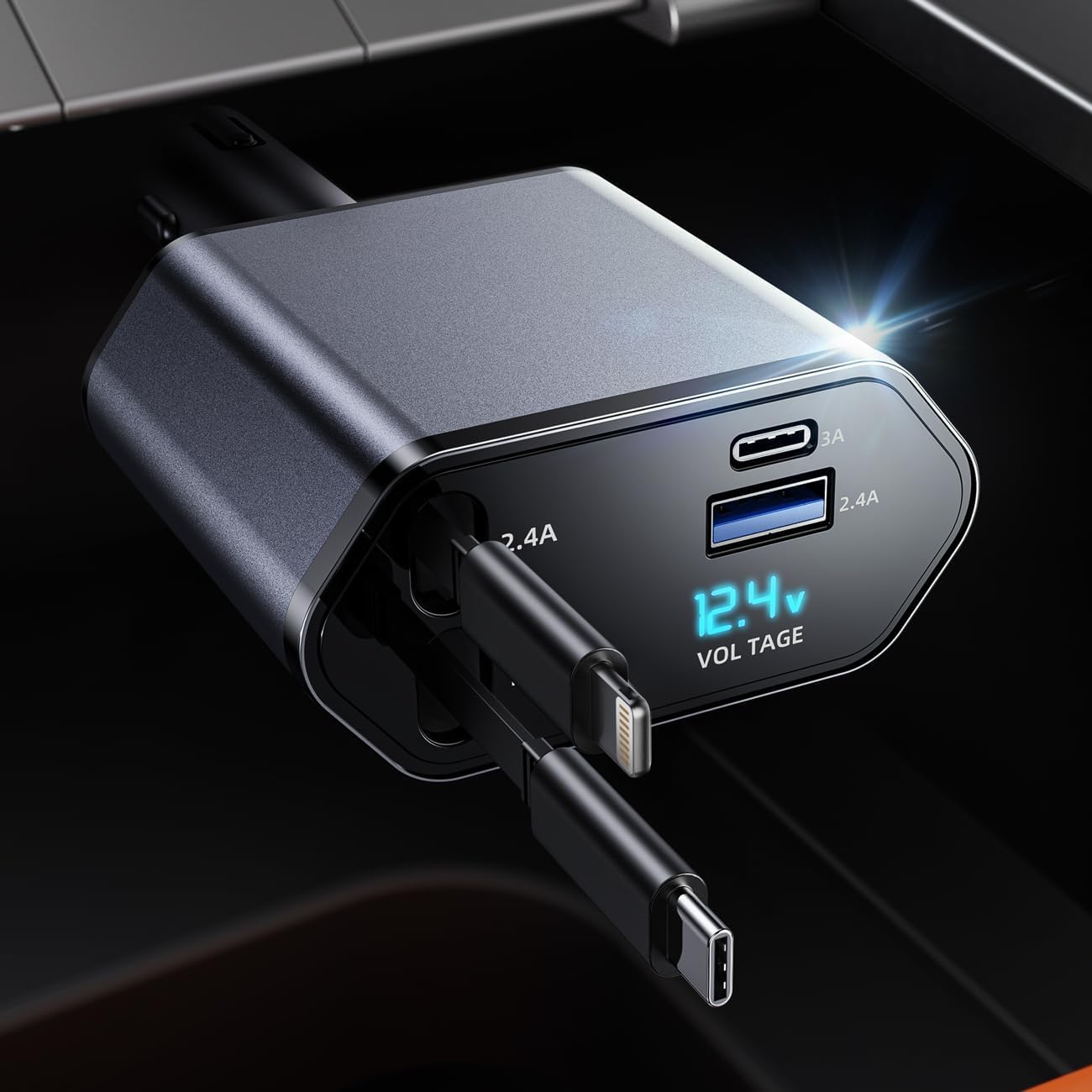 Cargador para auto, Cargador USB C 4 en 1 100W+20W Carga Rápida Accesorios para auto, Cables retráctiles (80cm) y Adaptador de Coche de 2 Puertos USB, Compatible con iPhone 15 14 13 12,Galaxy, Xiaomi