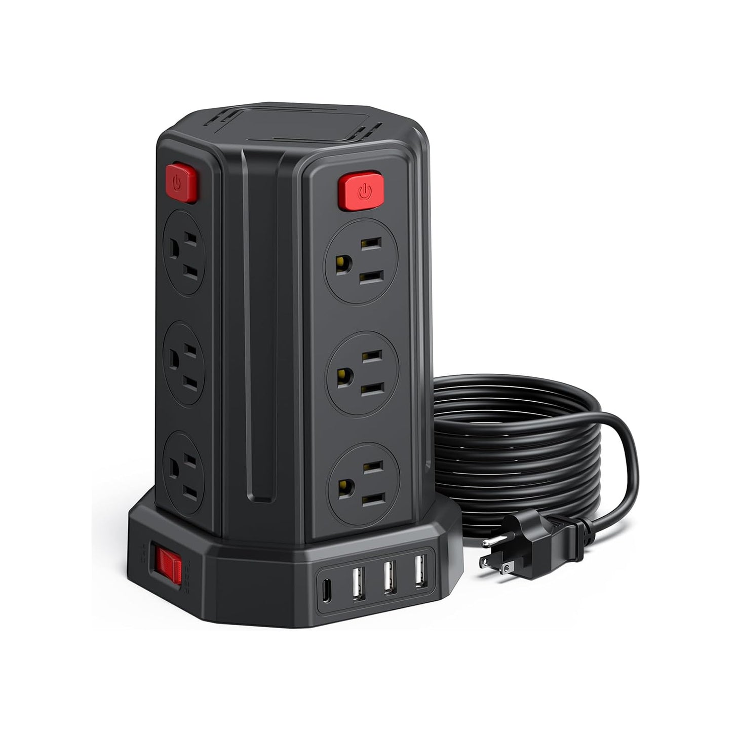 SMALLRT Torre Regleta Multicontacto Pared con 1700J Protector contra Sobretensión, Extension Electrica 3.04M, Conector Multiple con 12 Enchufes y 4 Puertos USB (1 USB C), Hogar Dorm Oficina, Negro