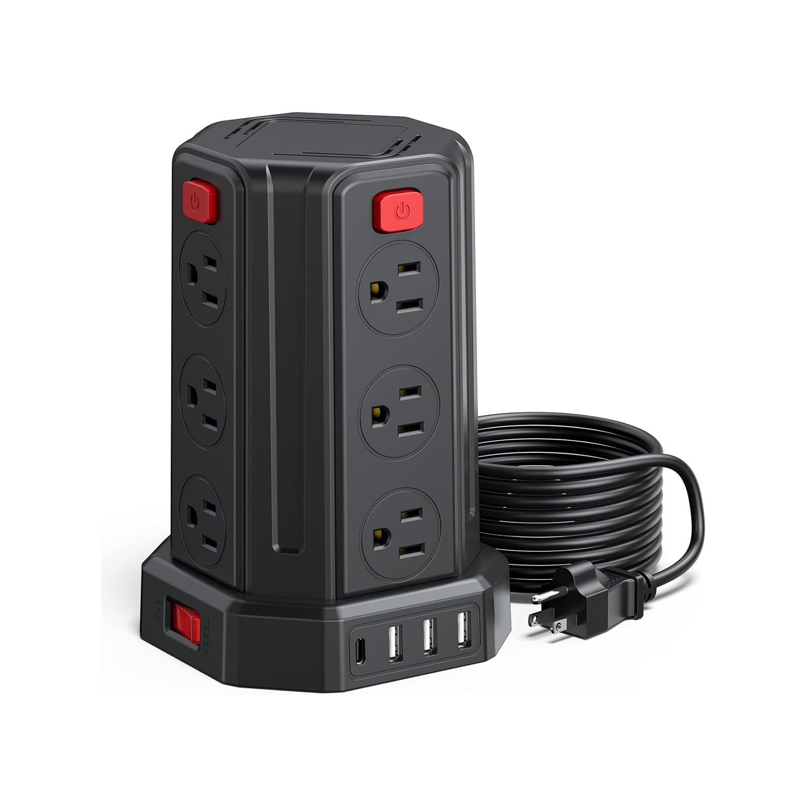 SMALLRT Torre Regleta Multicontacto Pared con 1700J Protector contra Sobretensión, Extension Electrica 3.04M, Conector Multiple con 12 Enchufes y 4 Puertos USB (1 USB C), Hogar Dorm Oficina, Negro