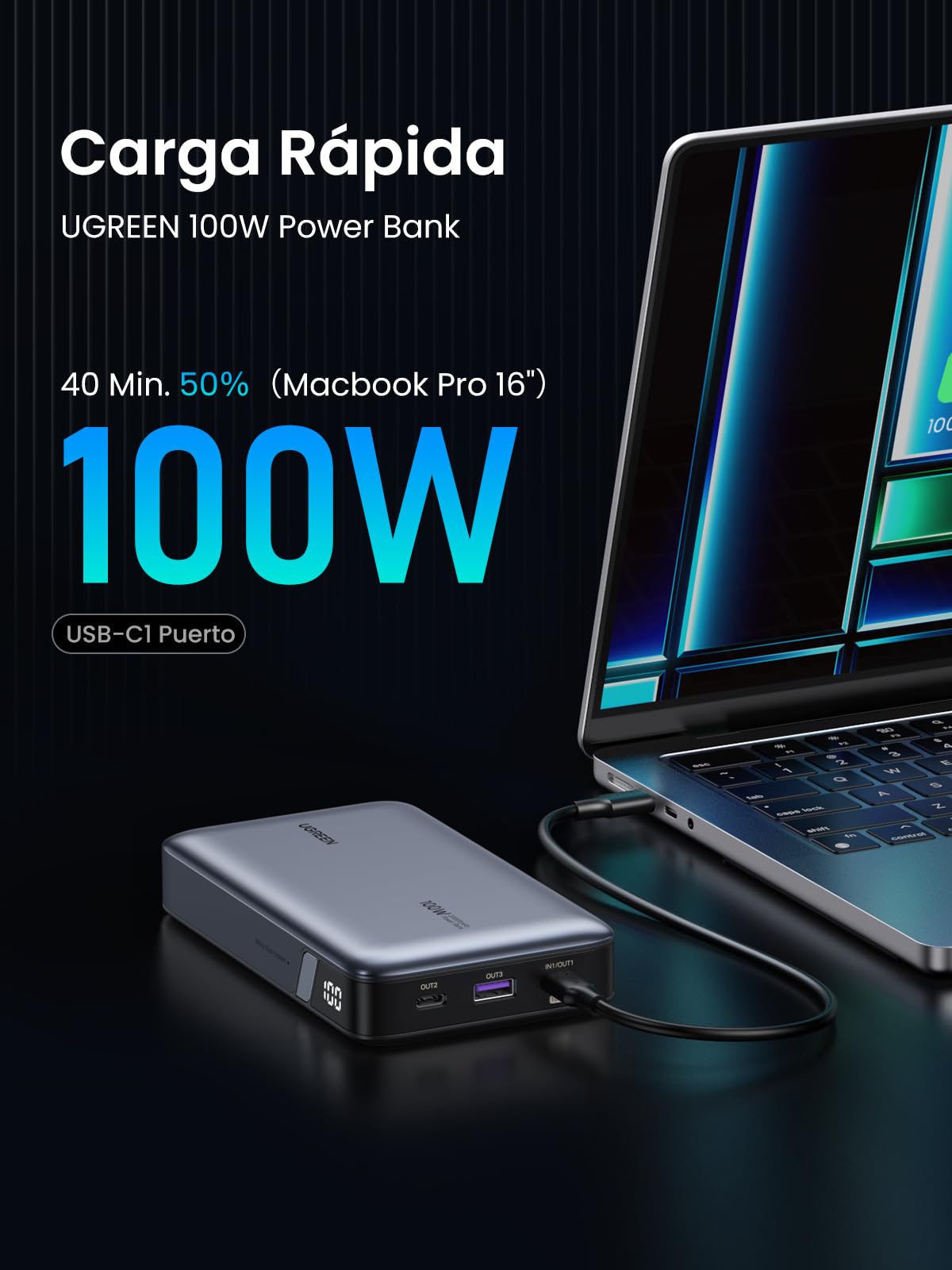Power Bank UGREEN Negro Carga Rápida 100W 20000mAh USB C con 3 Puertos y Pantalla Digital