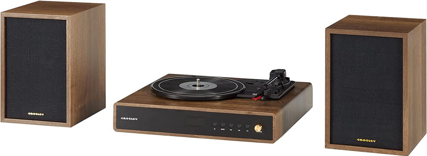 Crosley CR7019A-WA Sistema de Estante Giratorio Alto de 3 velocidades con Bluetooth, Radio FM y Altavoces estéreo a Juego, Nogal