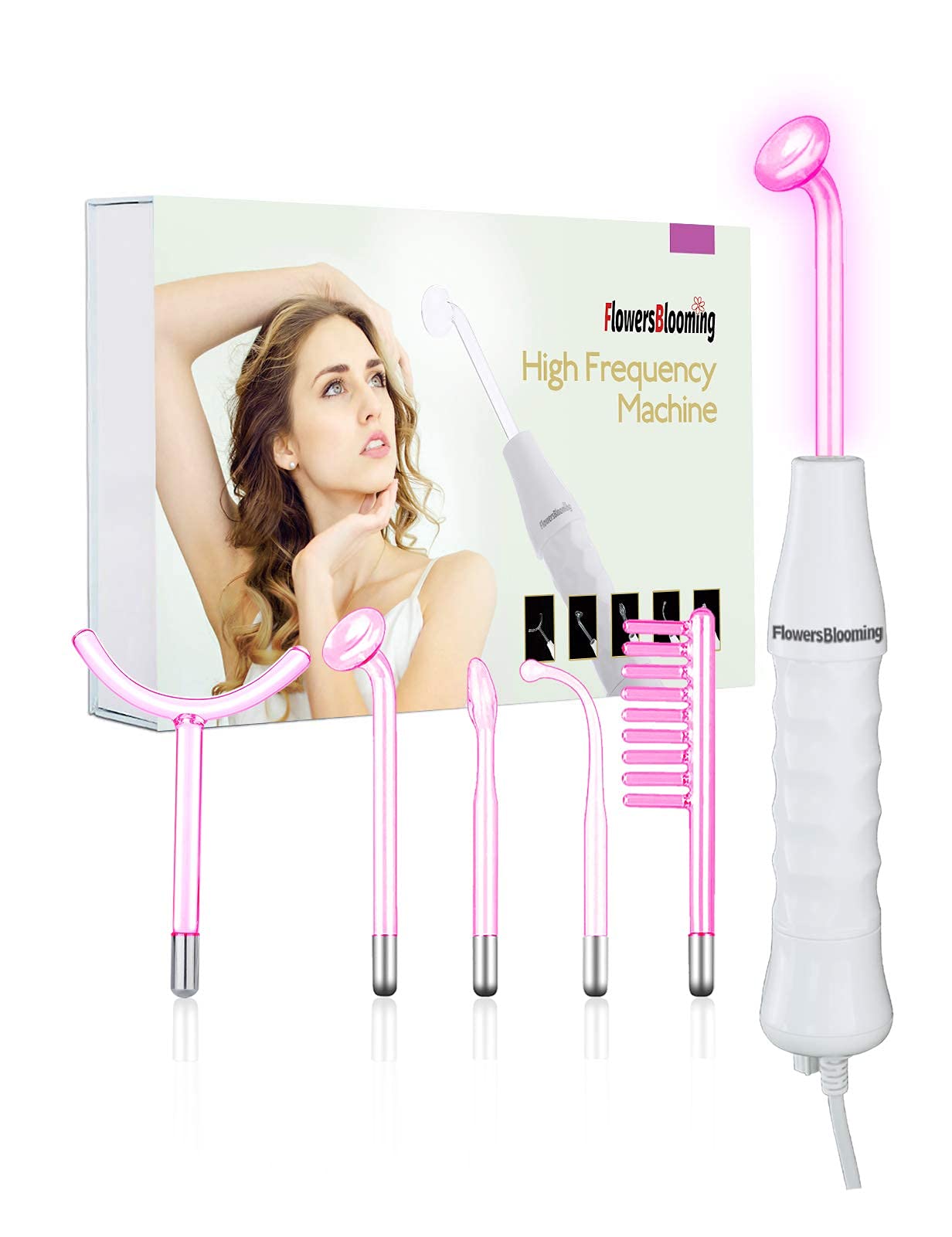 Varita facial de alta frecuencia/máquina con 5 piezas de argón herramienta para el cuidado de la piel para reducir las arrugas y apretar la piel.