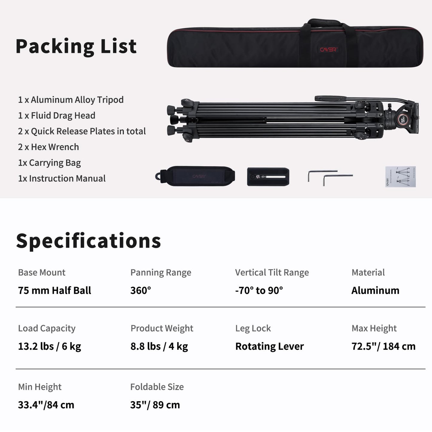 Cayer Trípode de Cámara, Trípode de Video Profesional de 184 cm, Trípode de Aluminio con Cabeza de Fluido para Videocámara DSLR, Carga Máxima de 6 kg - BV30L