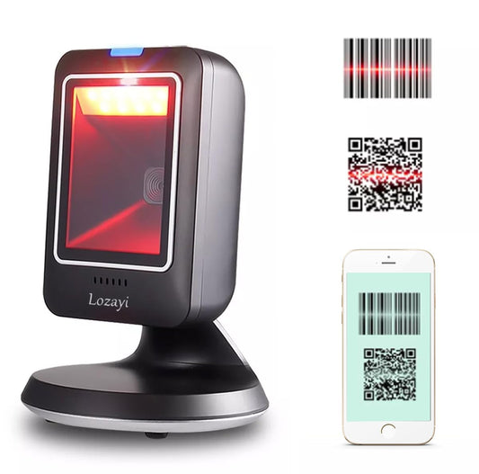 Escáner de Código de Barras de Escritorio 1D 2D QR, Lector de Código de Barras con Cable USB, Scanner Código de Barras Detección Automática de Imagen para Supermercado, Biblioteca, Tienda minorist