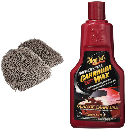 Manoplas de Microfibra de Lujo Amazon Basics + Cera de Carnauba Deep Crystal Meguiar's 473 ml para Lavado de Coche