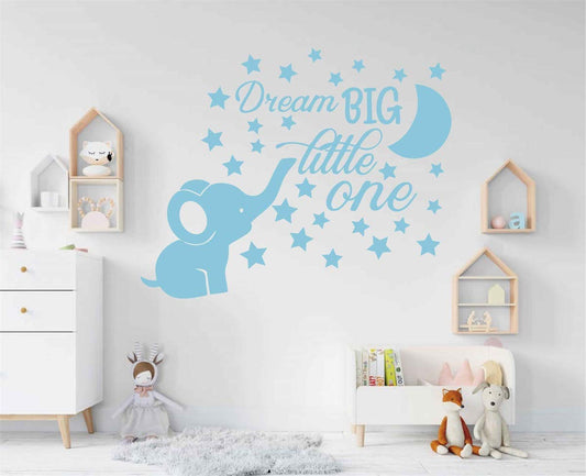 Dream Big Little One - Pegatinas decorativas para pared, diseño de elefante y luna con estrellas, color azul