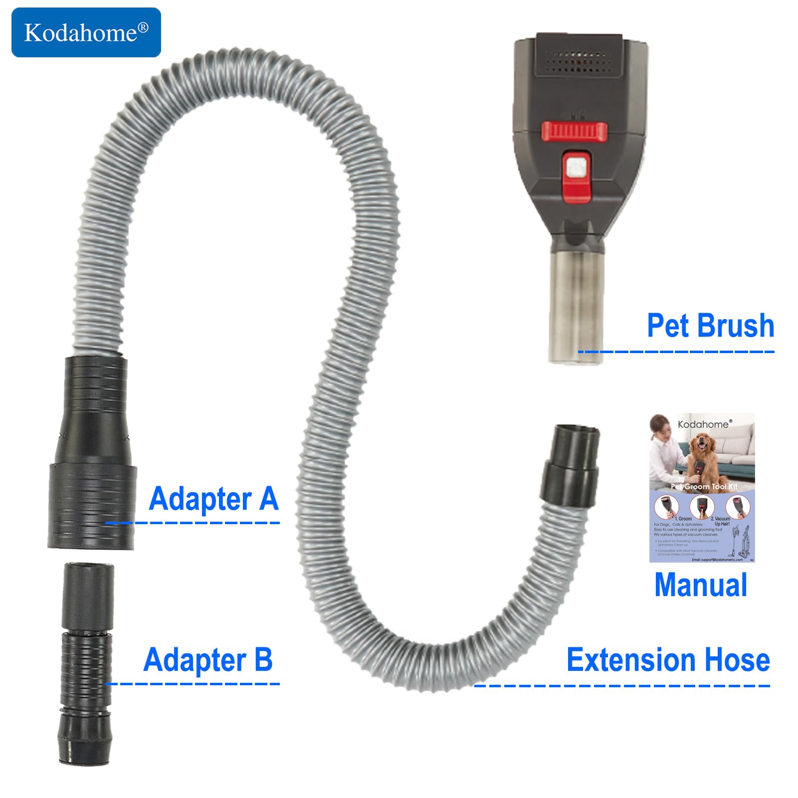 Kodahome Dog Shedding Brush Vacuum Attachment - Kit de herramientas para el novio de mascotas para la mayoría de las aspiradoras, con manguera de extensión Vac con adaptadores universales