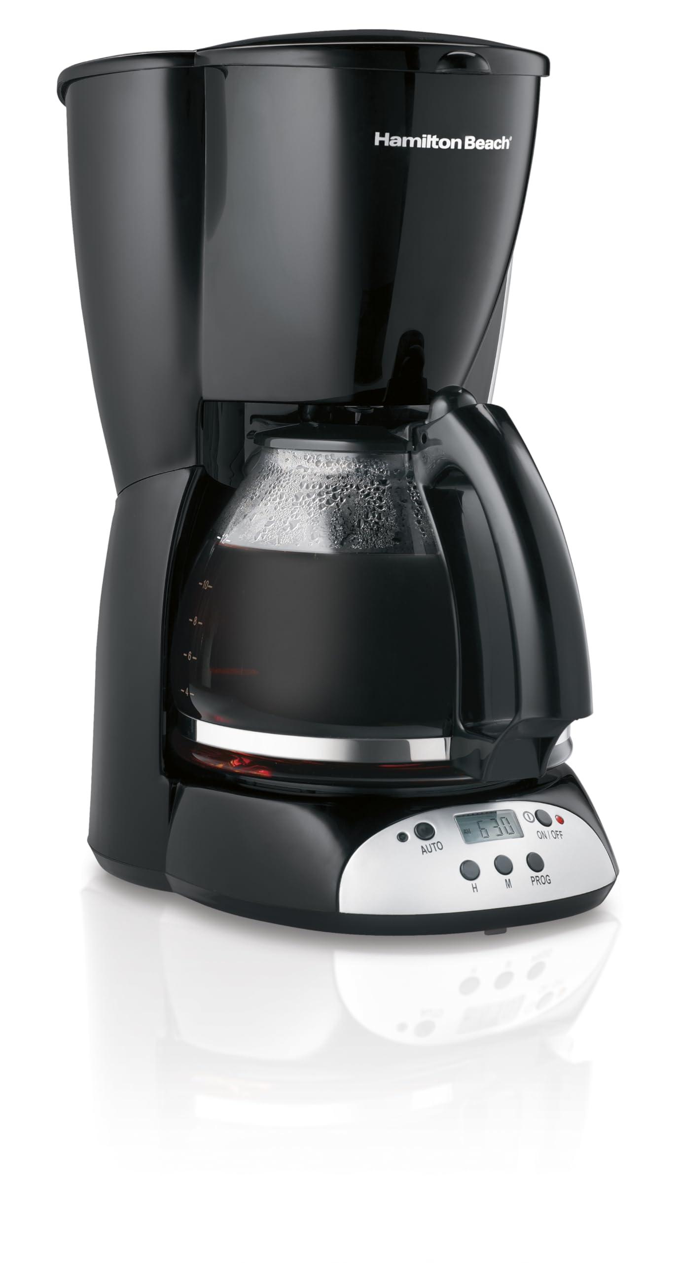 Hamilton Beach Cafetera programable de 12 tazas Hamilton Beach, jarra de vidrio, negro y plateado, 49465R