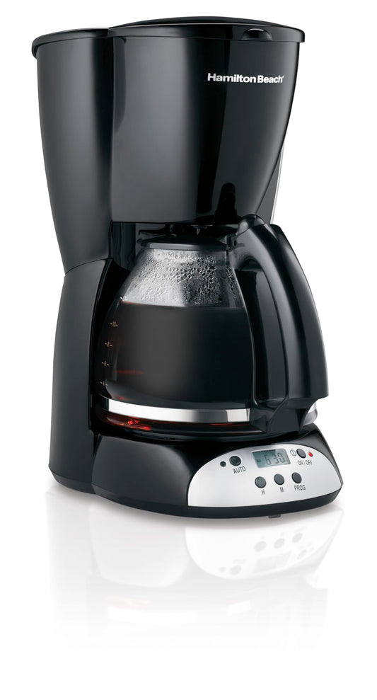 Hamilton Beach Cafetera programable de 12 tazas Hamilton Beach, jarra de vidrio, negro y plateado, 49465R