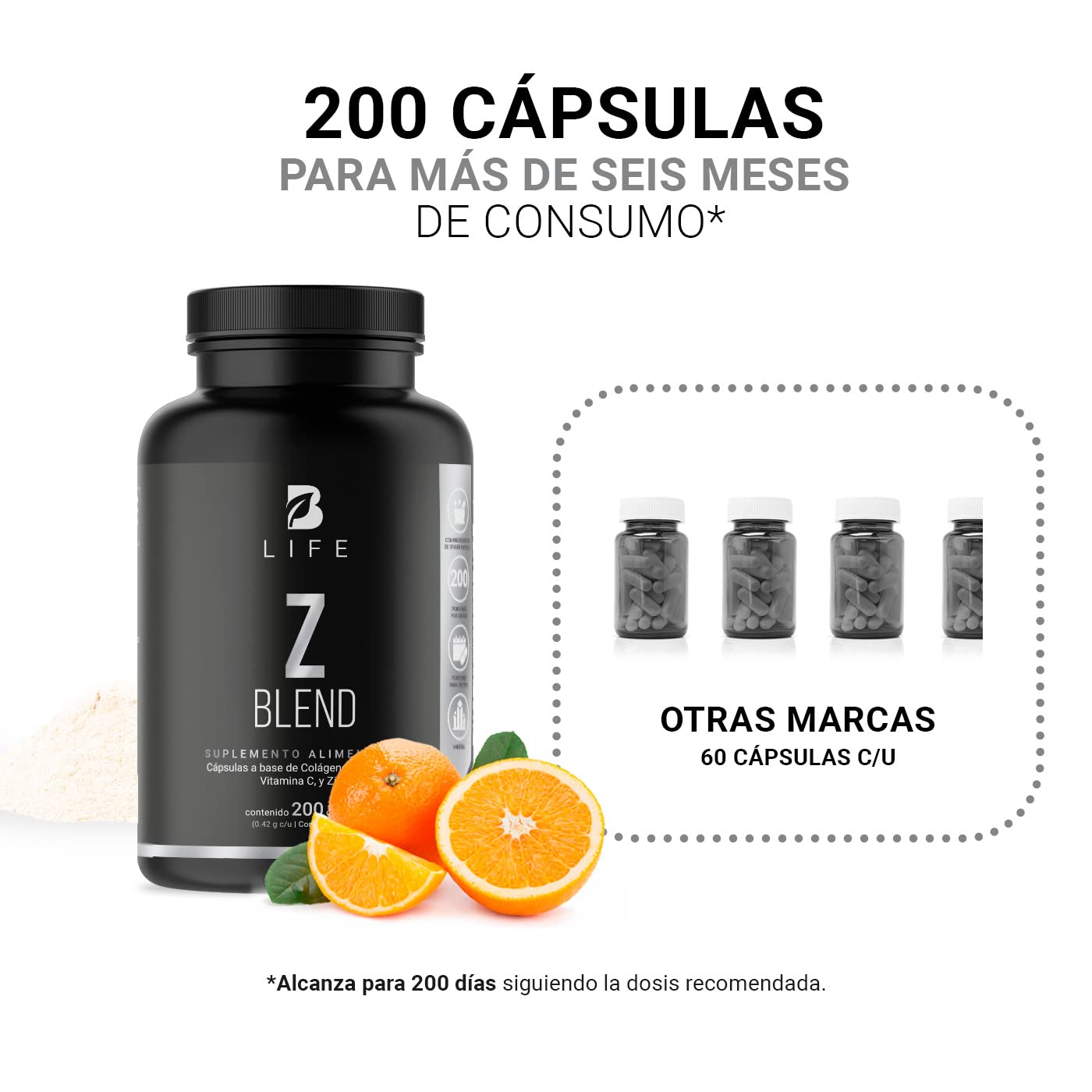 B Life Company Zinc de 200 Cápsulas. Ingredientes naturales: Zinc, Colágeno y Vitamina C. Z Blend