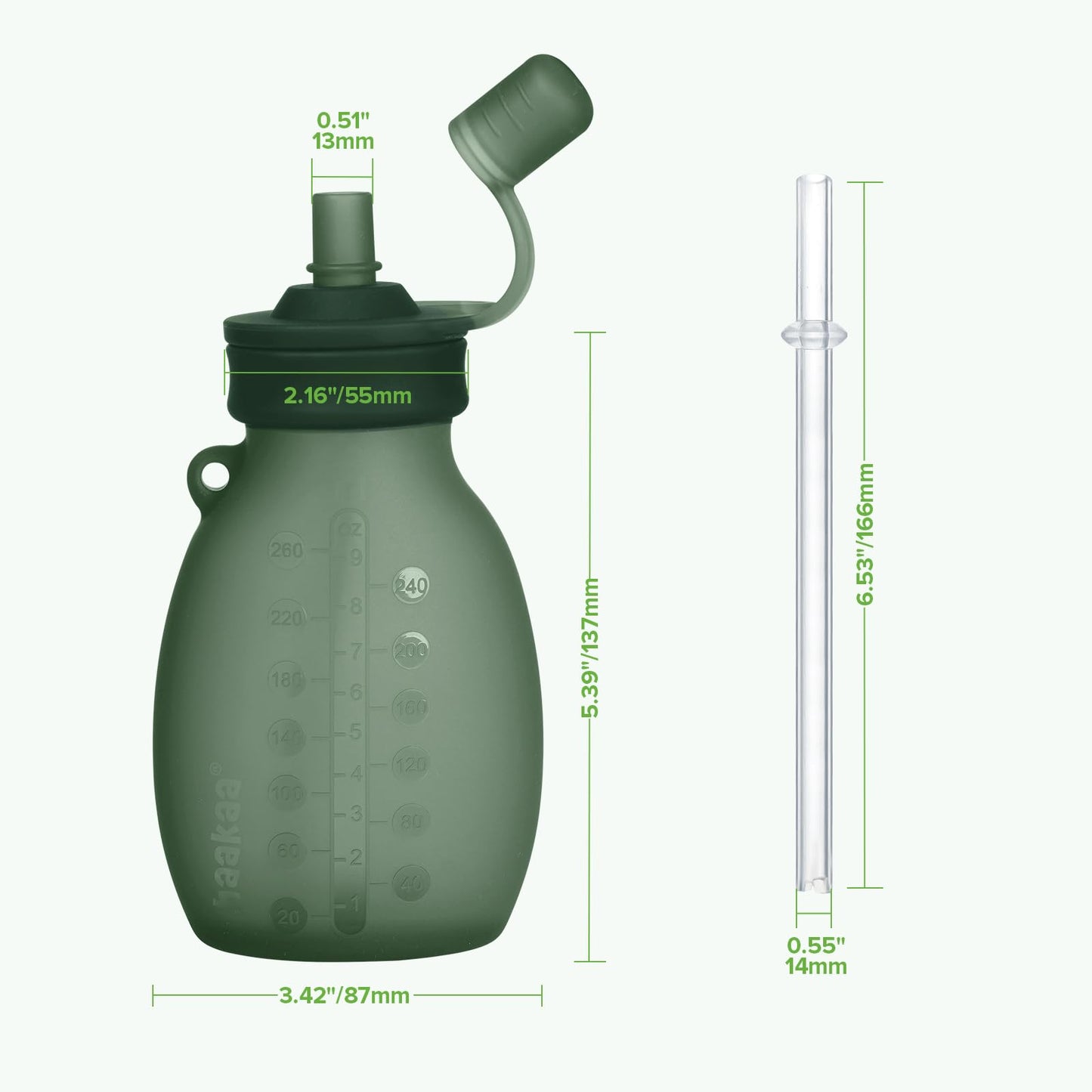 haakaa Hippo - Bolsa de silicona de apertura ancha, 260 ml, 4 unidades, color verde guisante