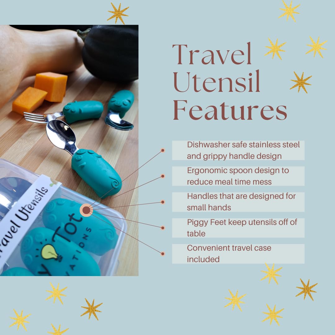 Juego de utensilios de viaje para niños con práctica funda de transporte. Incluye tenedor, cuchara universal y cuchara ergonómica para diestros. Asas de fácil agarre, utensilios de acero inoxidable